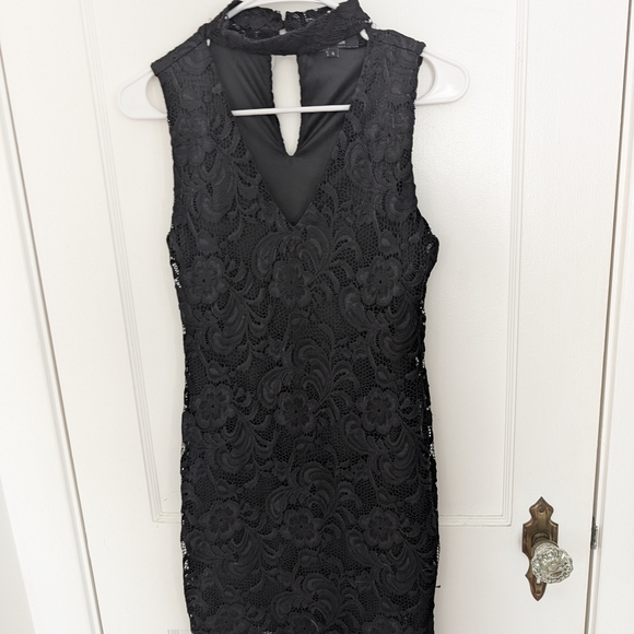 Ambiance Dresses & Skirts - Ambiance Black Floral Lace Mini Dress with Choker Neck